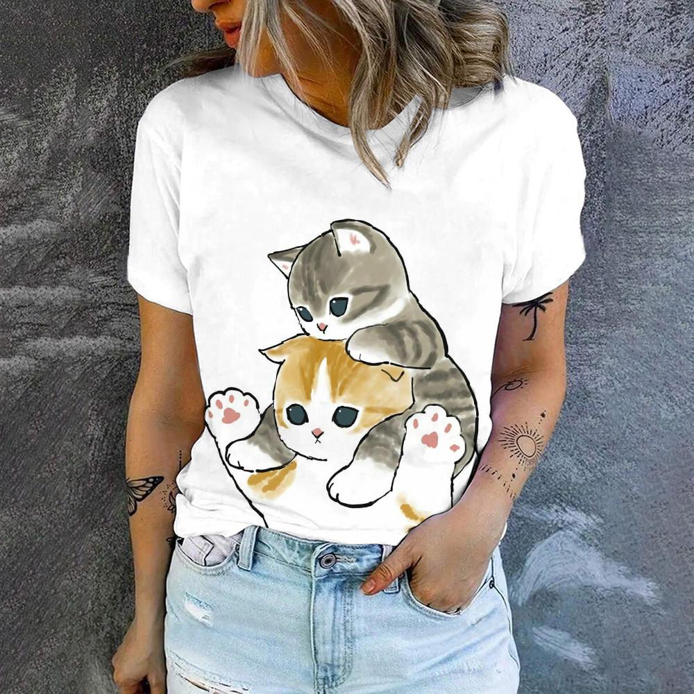 Cute Cat Print High Quality Short Sleeve Street Fashion Loose Round Neck T-shirt Summer New Casual Comfortable Women's T-shirt