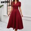 Spring Summer Short Sleeve V-Neck Elegant Solid Color Waist Dress