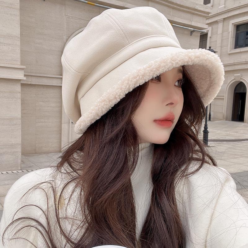 Autumn and winter hat Women's bucket hat Fleece cold ear protection Internet celebrity basin hat Casual lamb wool star anise beret