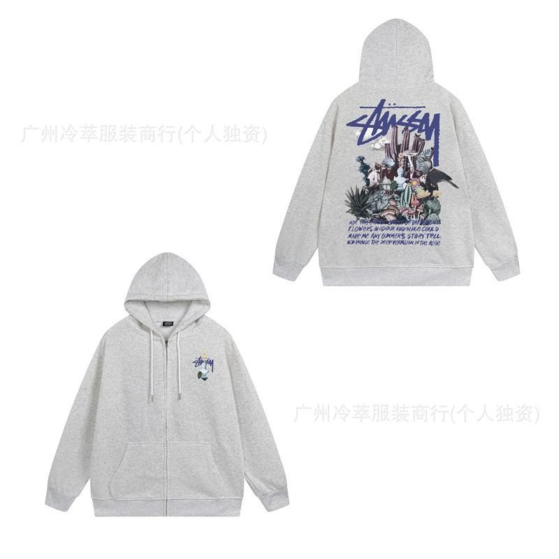 Unisex Hooded Zip-Up Fleece-Lined Sweatshirt With Letter Print Loose Fit Cotton Long Sleeve Men Women