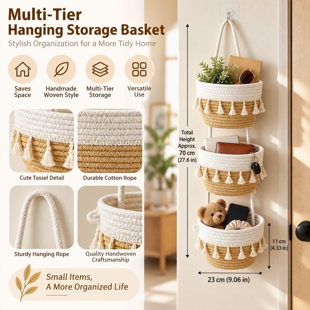 Tiered Structure Hanging Storage Basket Handmade Woven Hanging Organizer Tiered Storage Organizer