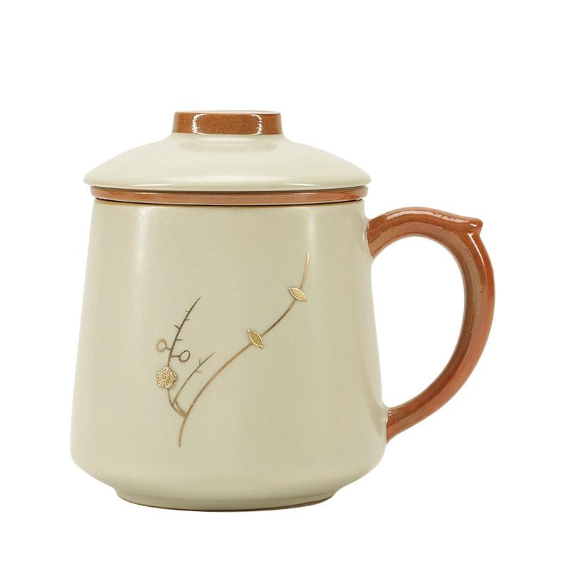 Light luxury Ru kiln tea cup curium nail plum blossom household tea separation cup with lid gift box holiday business gift