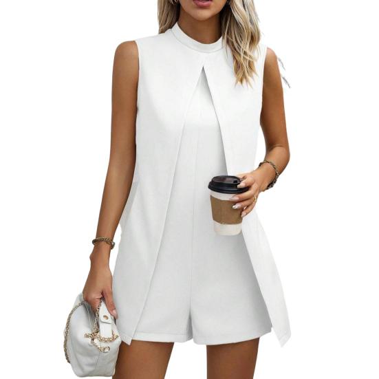 Женский летний комбинезон с воротником-стойкой, без рукавов, свободный, с разрезом, нерегулярный, однотонный, деловой, деловой, короткий комбинезон