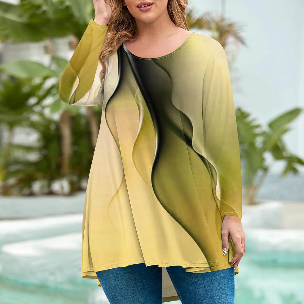 Women's Fashion Large Size Round Neck Long Sleeve Casual Print Loose Pullover Top