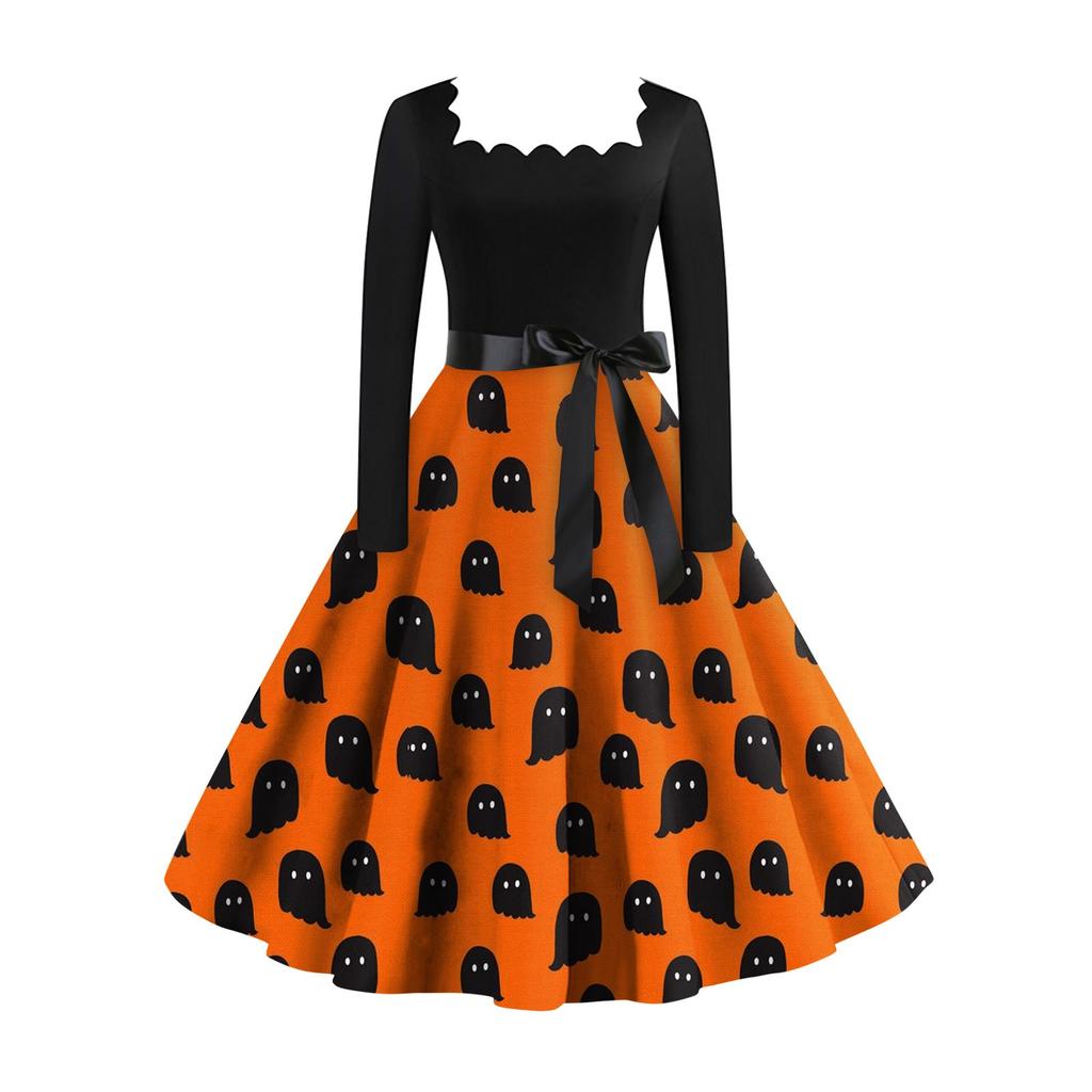Женское повседневное модное винтажное платье с длинным рукавом и принтом на Хэллоуин
