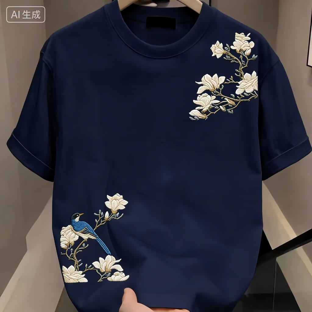 Summer Casual Unisexs Cotton Versatile Roundneck Shortsleeved Tshirt with Floral Pattern Print