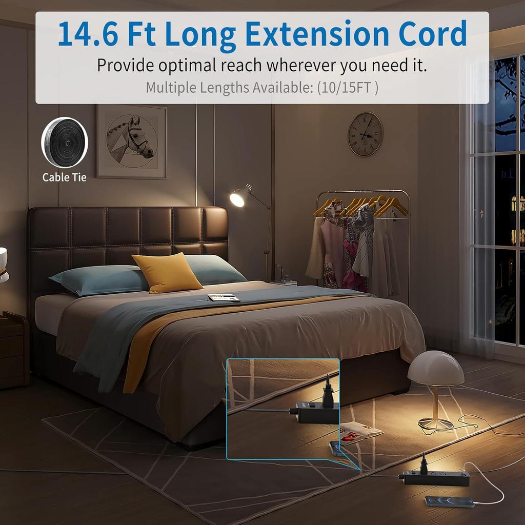 Long Extension Cord 15 Ft, NTONPOWER Ultra Thin Flat Extension Cord Under Carpet, Rug, Door, 3 Outlets Flat Plug Power Strip with 3 USB, Wall Mount,
