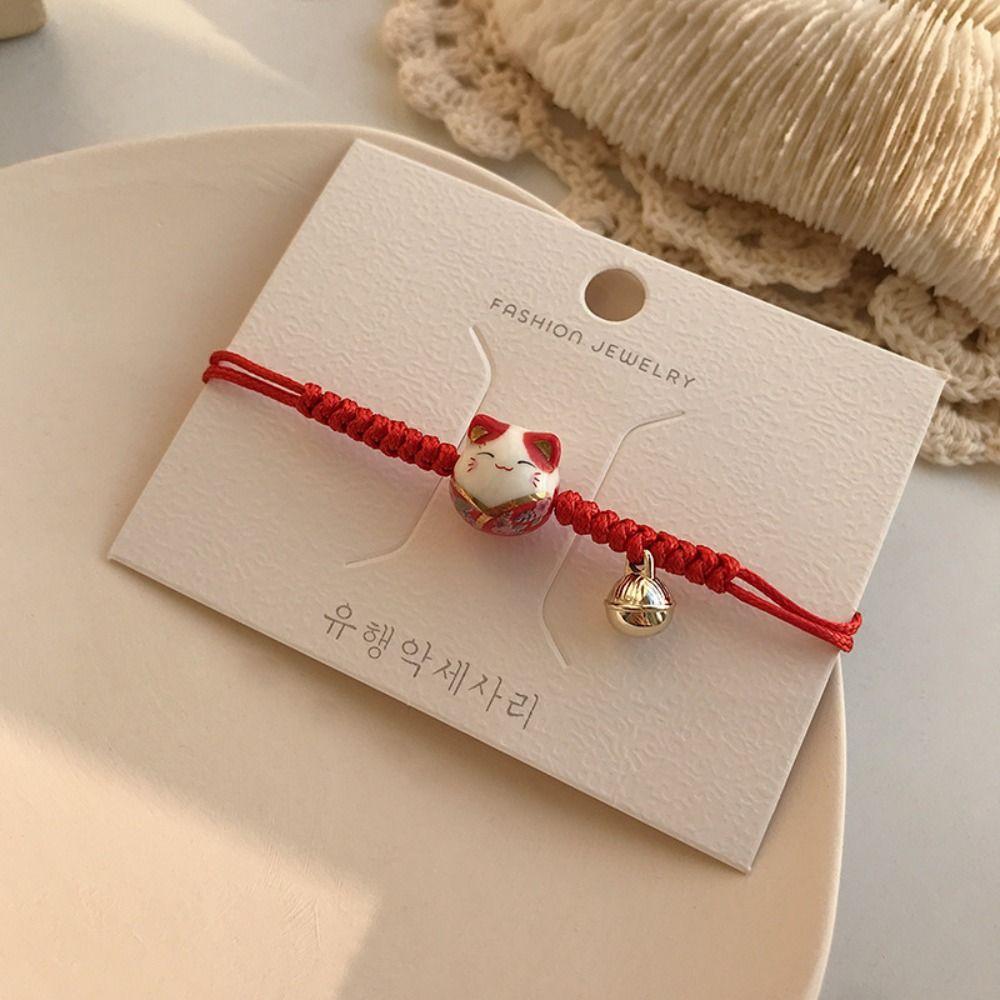 Ceramic Cat Pendant Chinese Style Jewelry Red Braided Rope Women Hand Ring Maneki Neko Bracelet