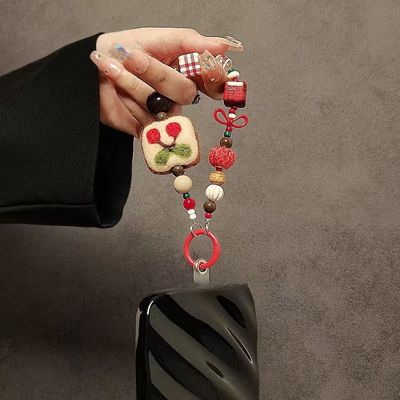 Original Wool Felt Plush Beaded Hand Chain Wrist Short Lanyard Phone Case Car Keychain Bag Pendant Trendy