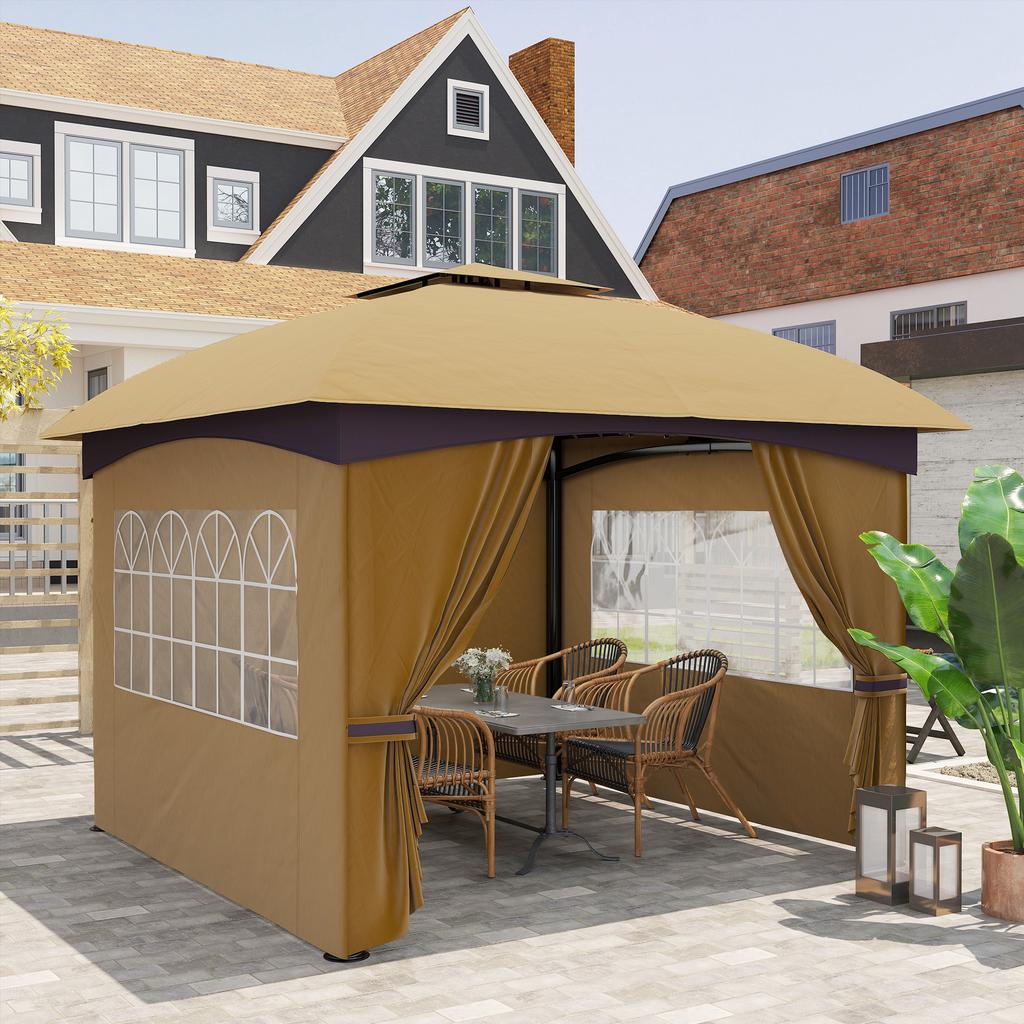3.4 x 3.4 m Garden Gazebo, Beer Tent with Ventilation Roof, Arched Windows, Steel Frame, Beige