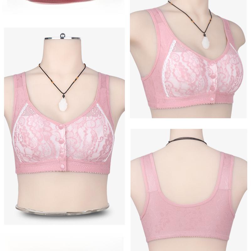 Бюстгальтер с кружевными чашками и пуговицами спереди, нижнее белье для женщин среднего и пожилого возраста, большие размеры, без стального кольца, широкий бретелька, бюстгальтер в стиле жилета