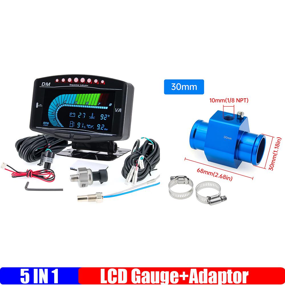 8000RPM Tachometer+ Fuel Level+Oil Press+Voltmeter+Water Temperature Gauge with Aaptor Sensor 26mm-40mm 5 IN 1 LCD Gauge 12V24V