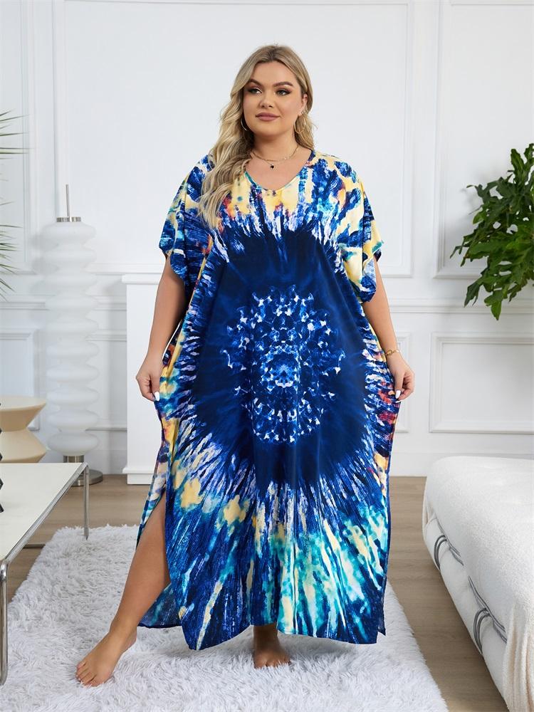 EDOLYNSA Navy Blue Women's Kaftan Hot Selling Bohemian Print Beach Dress Light Jacket Bathing Suit Cover Up Vacation Beach Wear House Robe Q1342