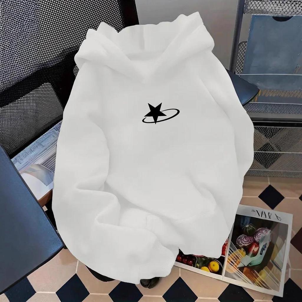2025 Hooded Sweatshirt with Star Design - Casual Loose Fit with Ribbed Hem