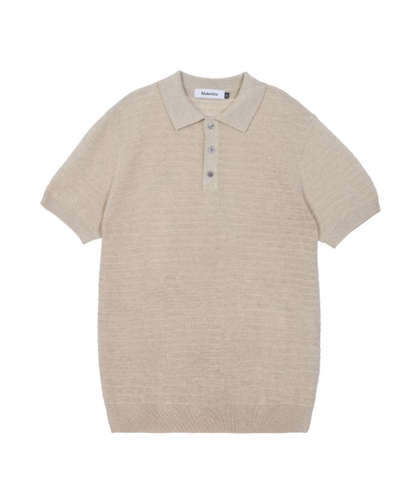 MAKEITTO Striped Texture Collar Knit Short Sleeve T-Shirt_Beige