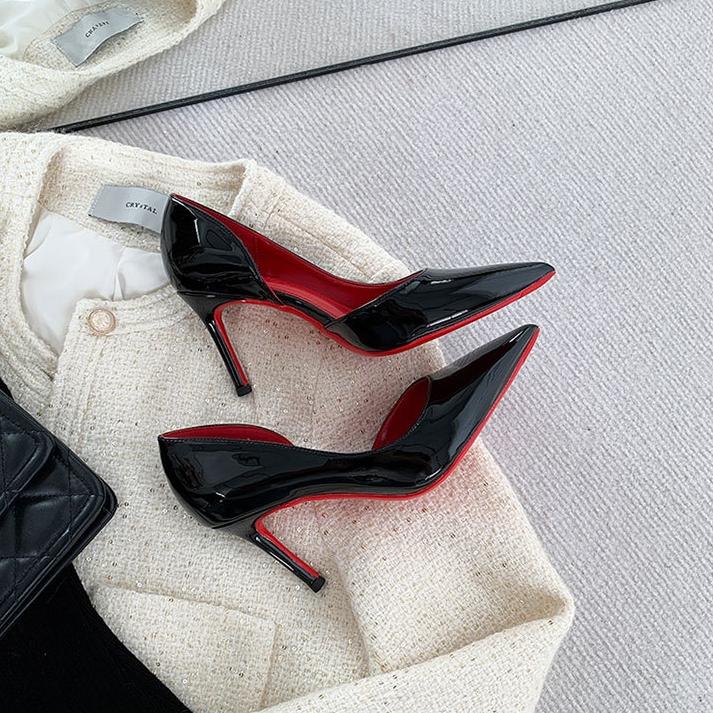 Красная подошва лодочки женские туфли черные остроконечные лакированные кожаные туфли с боковыми вставками на высоком каблуке женские тонкие каблуки элегантные и сексуальные одинарные туфли