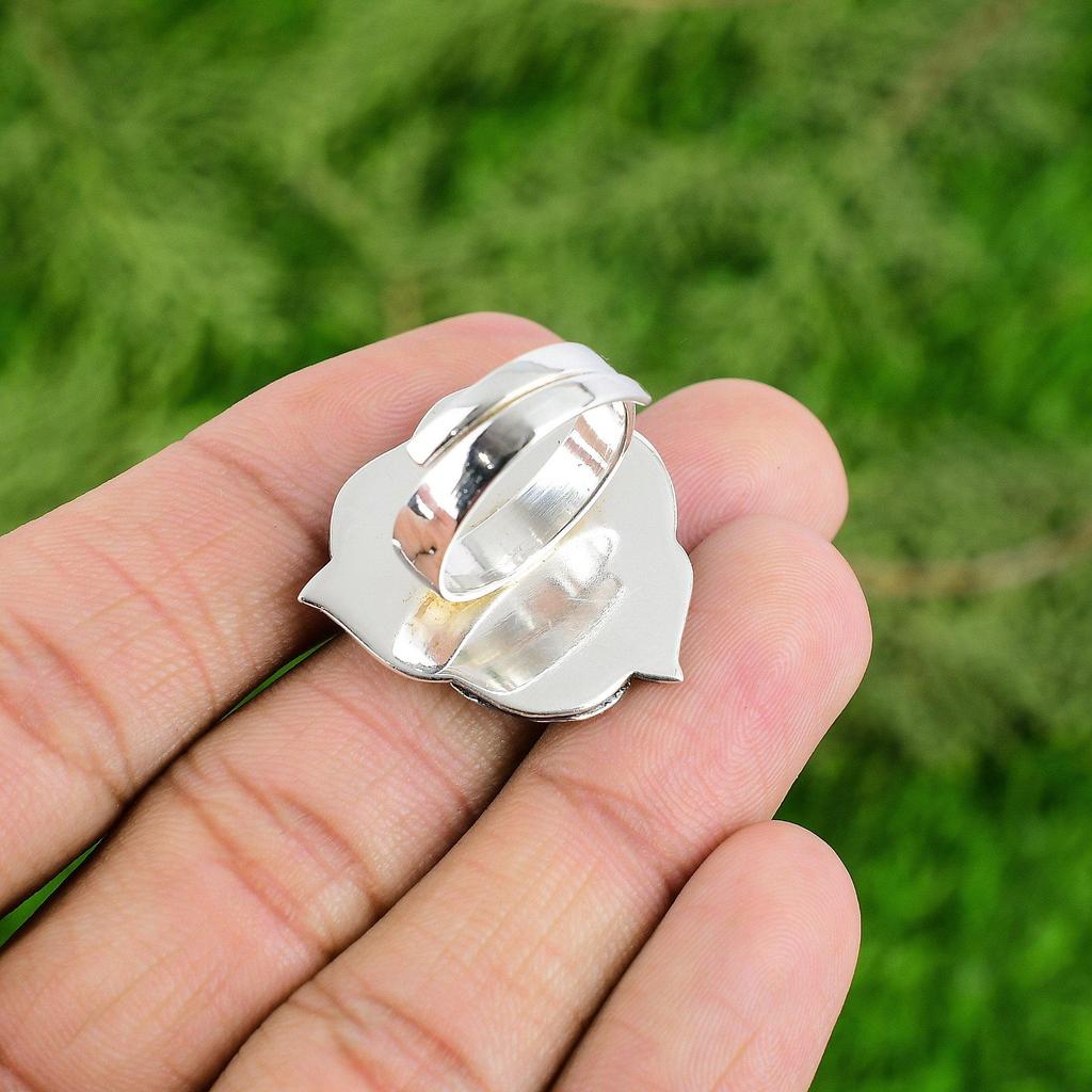 Round White Topaz Stone New Flower Boho Statement Crown Chakra Ring 925 Silver