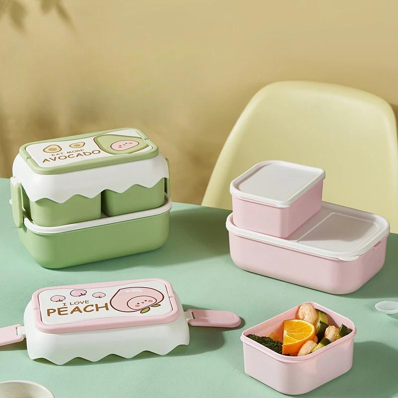 Двухъярусный фруктовый ланч-бокс, бытовая посуда, авокадо и персик, симпатичная большая емкость, переносная ланч-бокс для использования на открытом воздухе с ложкой-вилкой Spoo