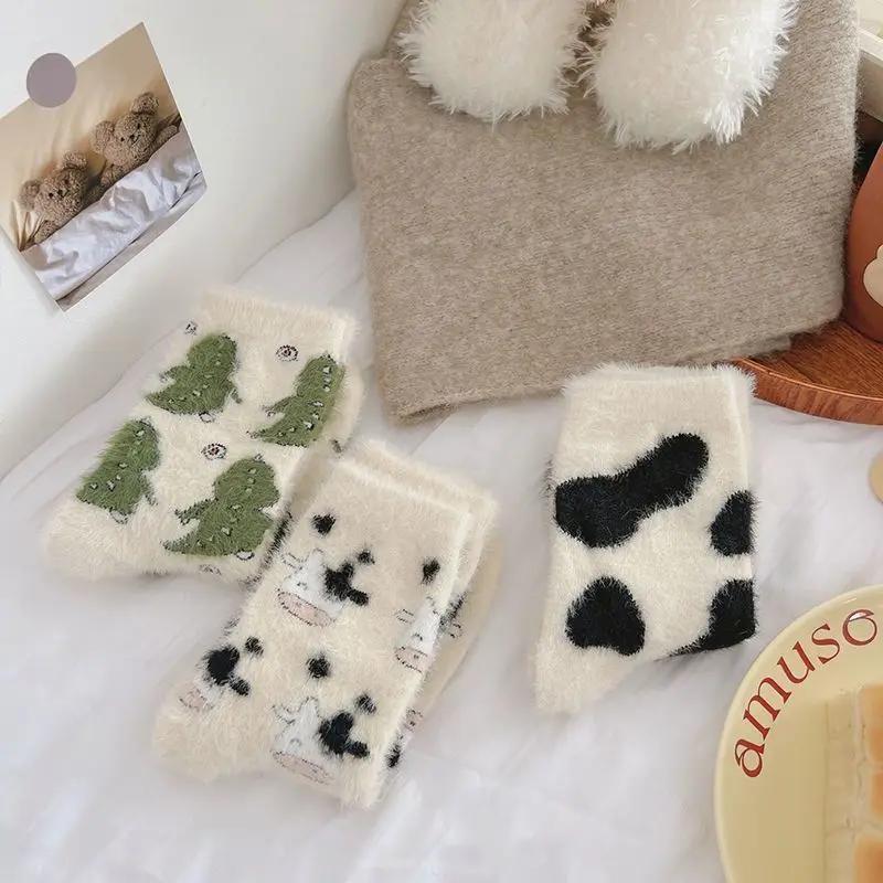 Cartoon Cute Cow Mink Velvet Socks Women Winter Soft Stocking Medium Tube Sock Cute Cloud Plush Cartoon Mink Plush Socks Indoor