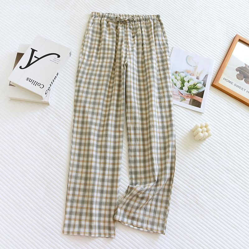 Женские весенние и летние тонкие брюки из хлопка с эластичной резинкой на талии, свободные домашние брюки в клетку