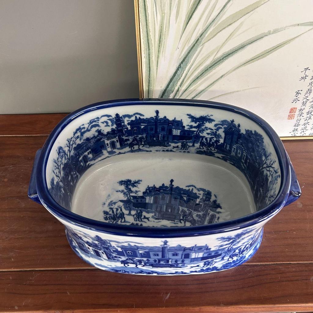 English Blue & White Porcelain Planter: Retro Ceramic Flower Pot for Balcony or Courtyard, Large Double-Eared Basin for Tree Planting