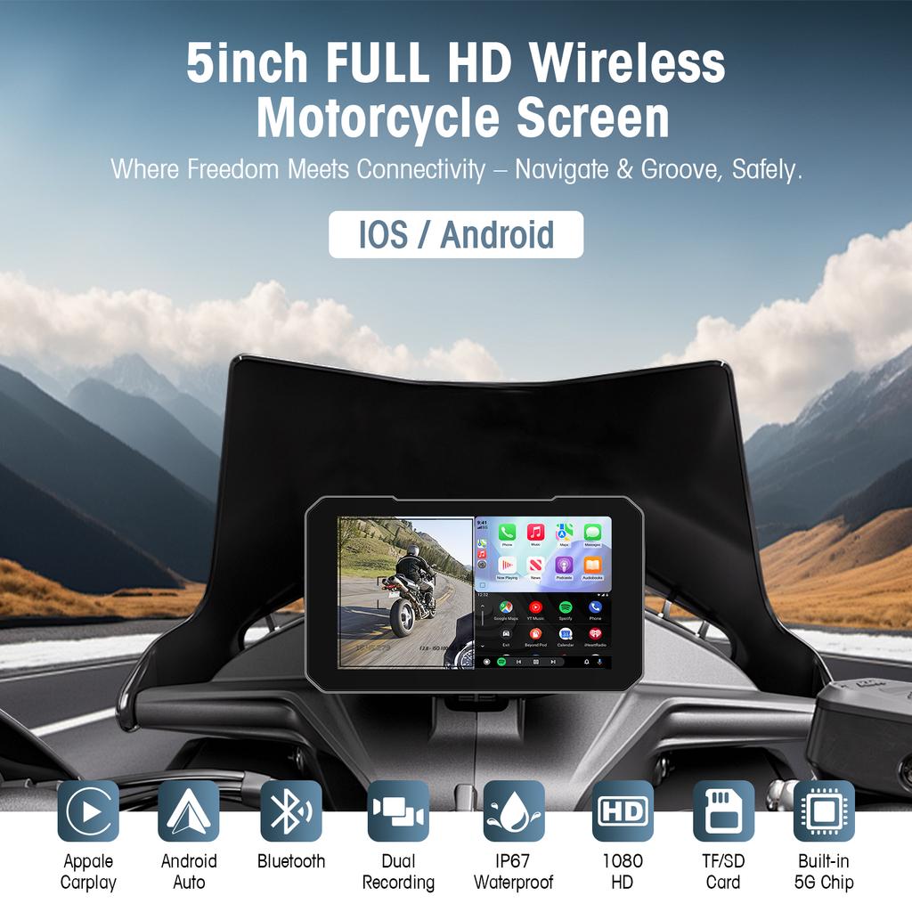 Ezonetronics 5-дюймовый сенсорный экран для мотоцикла CarPlay, поддержка записи с двух камер, с беспроводным CarPlay и Android Auto, IP67
