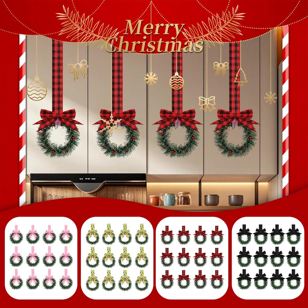 Рождественские венки для кухонного шкафа с клетчатой лентой-бантом, подвесные венки для дверей шкафа, декоративные венки для кухонного окна, наружного и внутреннего праздничного декора