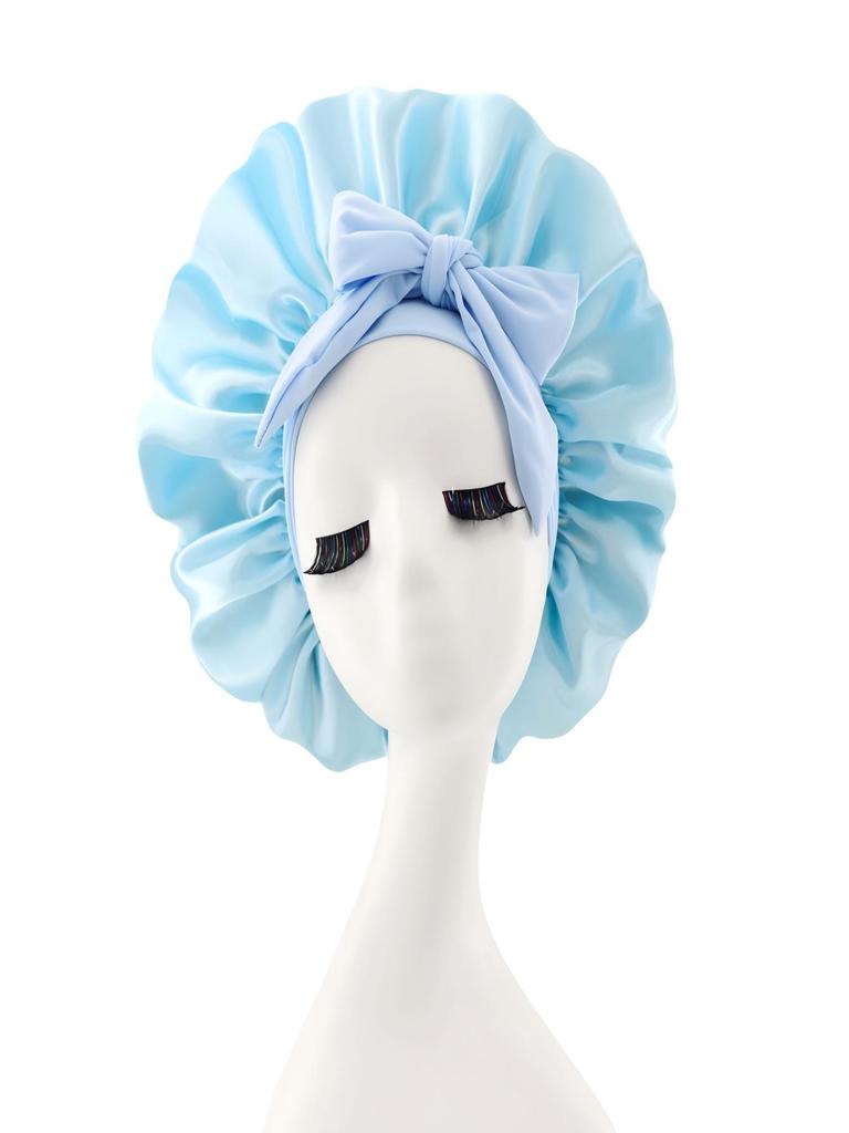 Silk Satin Sleep Cap with Ribbon Bow for Women - Elastic Wide Brim Bath Headscarf Hat for Hair Care