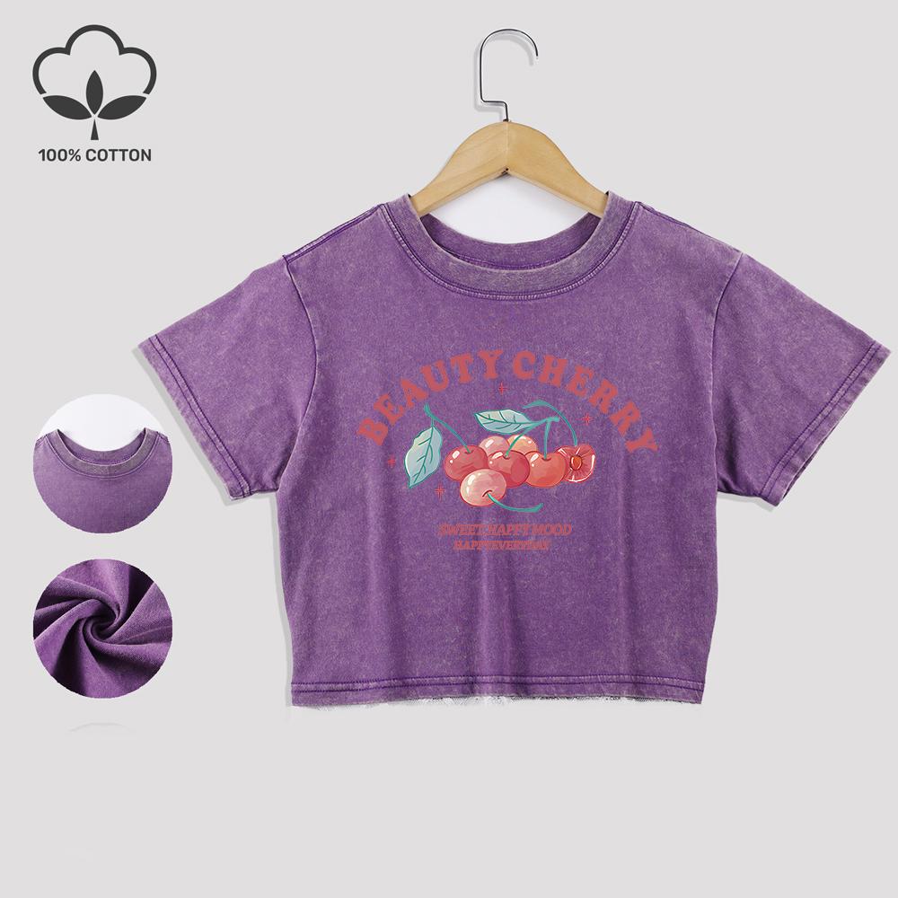 Красота Вишня Арт Принты Письма Хлопковые Кроп-топы Тренд Лето Кружевной Подол Выстиранные Футболки Обычная Посадка Футболки с Круглым Вырезом Повседневная Одежда
