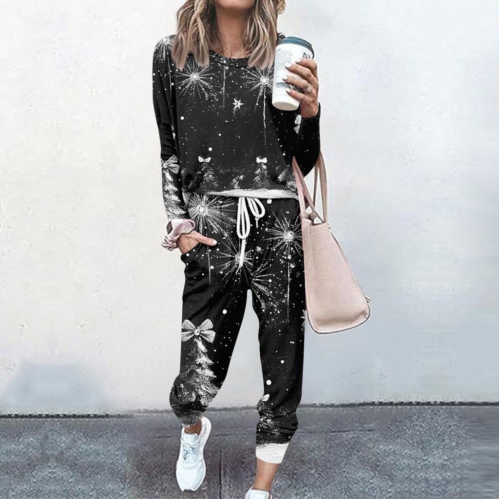 Наборы для женщин, комплекты из 2 предметов, рубашки с длинными рукавами и круглым вырезом, спортивные штаны на шнурке, карманные комплекты