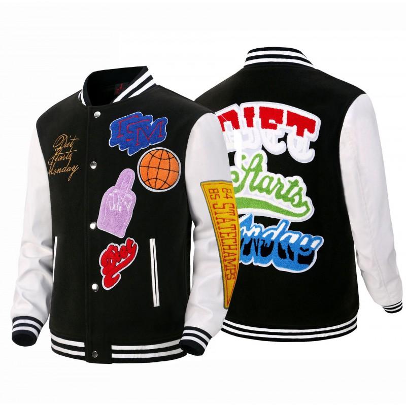 Mens Thick Winter Baseball Jacket With Stand Collar Patchwork Embroidery Fleece Lined Vintage Style