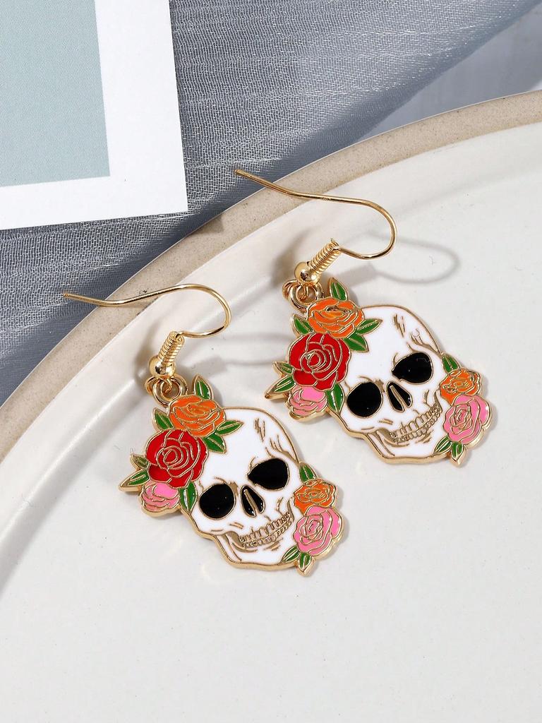 1pair Halloween Zinc Alloy Skull Head & Rose Flower Stud Earrings For Women, Personalized Funny Ear Jewelry