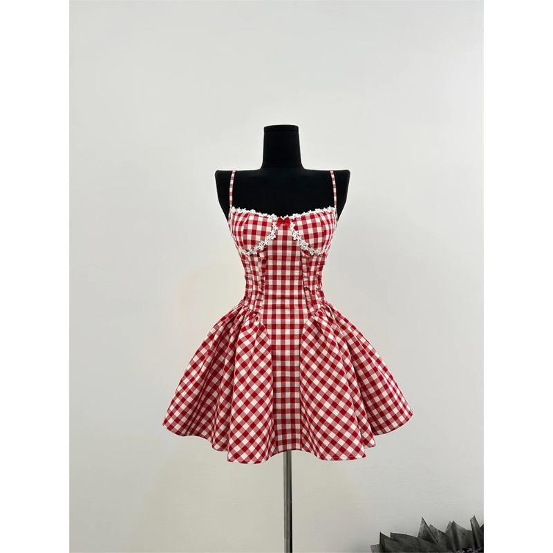 Summer French Prom Gown Ballet Core Mini Plaid Dress Women Gyaru Coquette 2000s Aesthetic Evening Frocks Party Fairy One-Piece