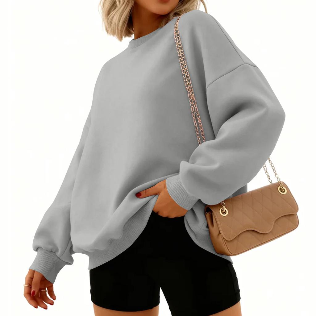 Women's Fashion Long Sleeve Solid Color Round Neck Loose Pullover Sweater Top