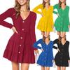 Women's Casual Button Down Long Sleeve V Neck Flowy Loose Fit Swing Cute Short Dress