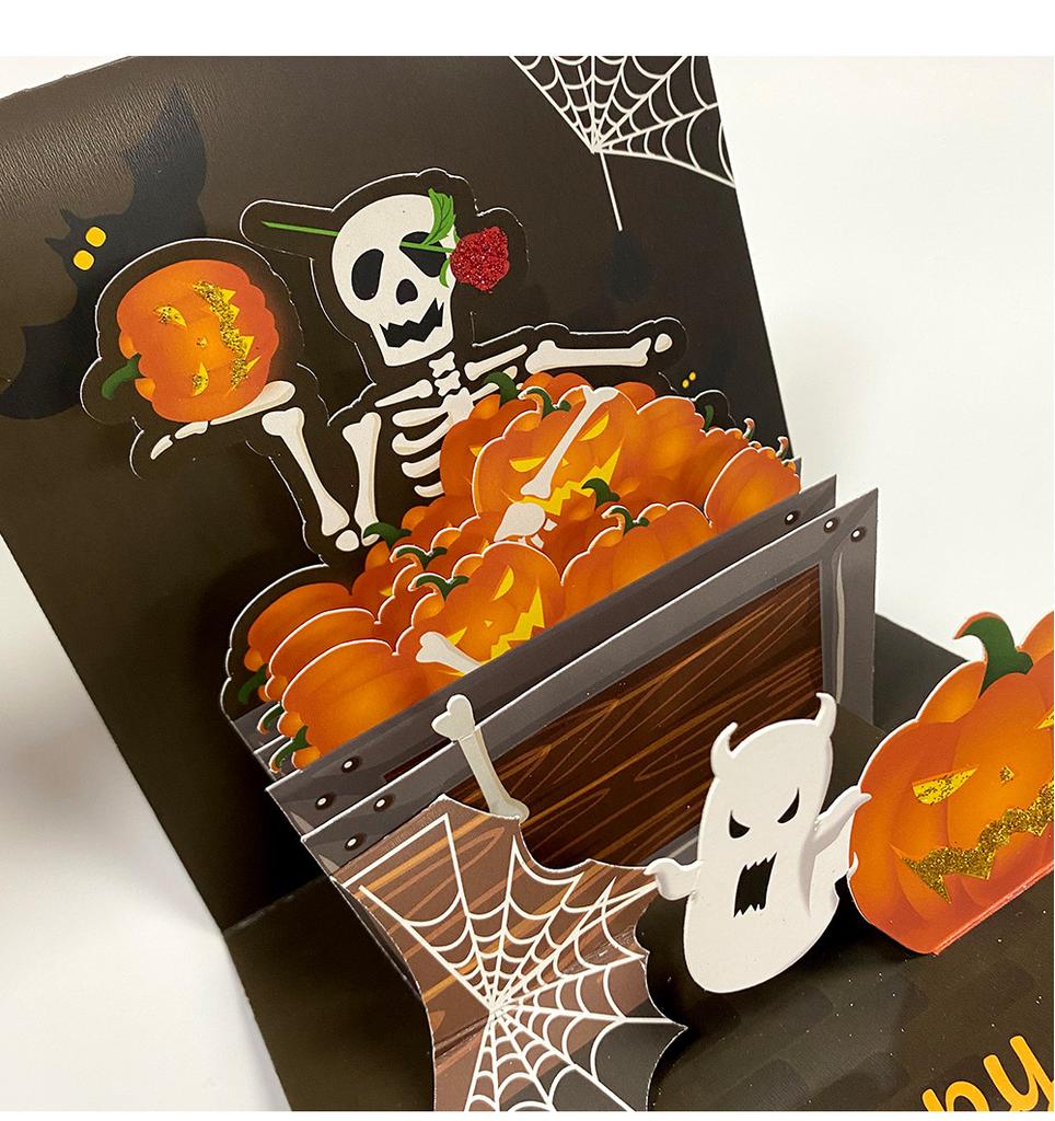 Поздравительная 3D-открытка на Хэллоуин Пригласительная открытка на вечеринку Блестящая пудра Горячее тиснение Тыква Скелет 3D-открытка с сообщением