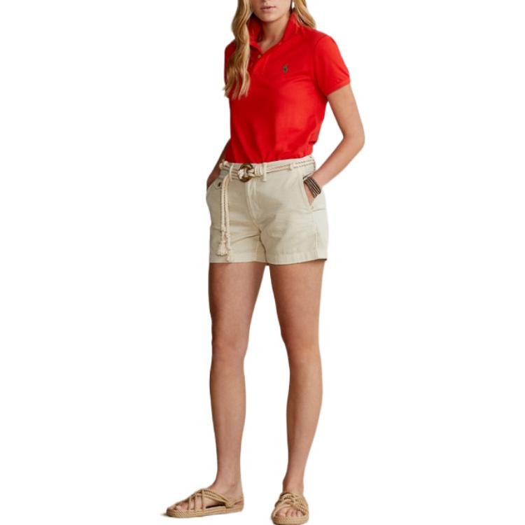 Polo Ralph Lauren SS22 Однотонная рубашка поло с коротким рукавом на пуговицах Женские топы Красный WMPOKNINCU20050-600