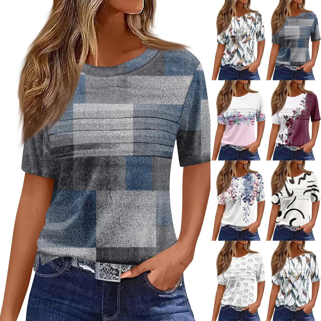 Футболки для женщин, плиссированные, с круглым вырезом, нарядные, повседневные, блузки с принтом, с коротким рукавом, летние топы, свободный крой
