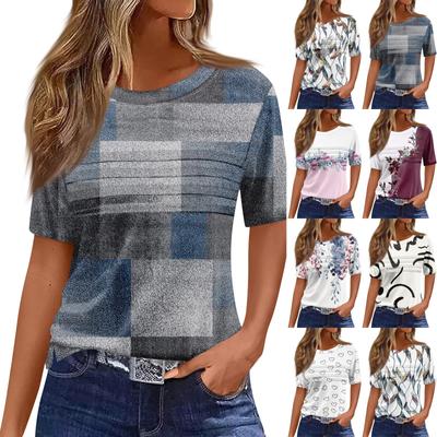 Футболки для женщин, плиссированные, с круглым вырезом, нарядные, повседневные, блузки с принтом, с коротким рукавом, летние топы, свободный крой