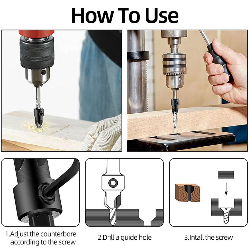Набор сверл с конической зенковкой из быстрорежущей стали, набор сверл с шестигранным хвостовиком 1/4 дюйма, столярная развертка с шестигранным хвостовиком, стопорные втулки, сверло для винтовых отверстий, фаска, деревообрабатывающие инструменты