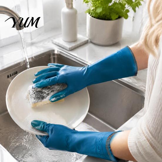 Non Slip Dish Washing Mitts PVC Rubber Cleaning Gloves, Thickened with Warm Fleece Lining Dishwashing Reusable Latex Free Gloves Waterproof Anti-Slip