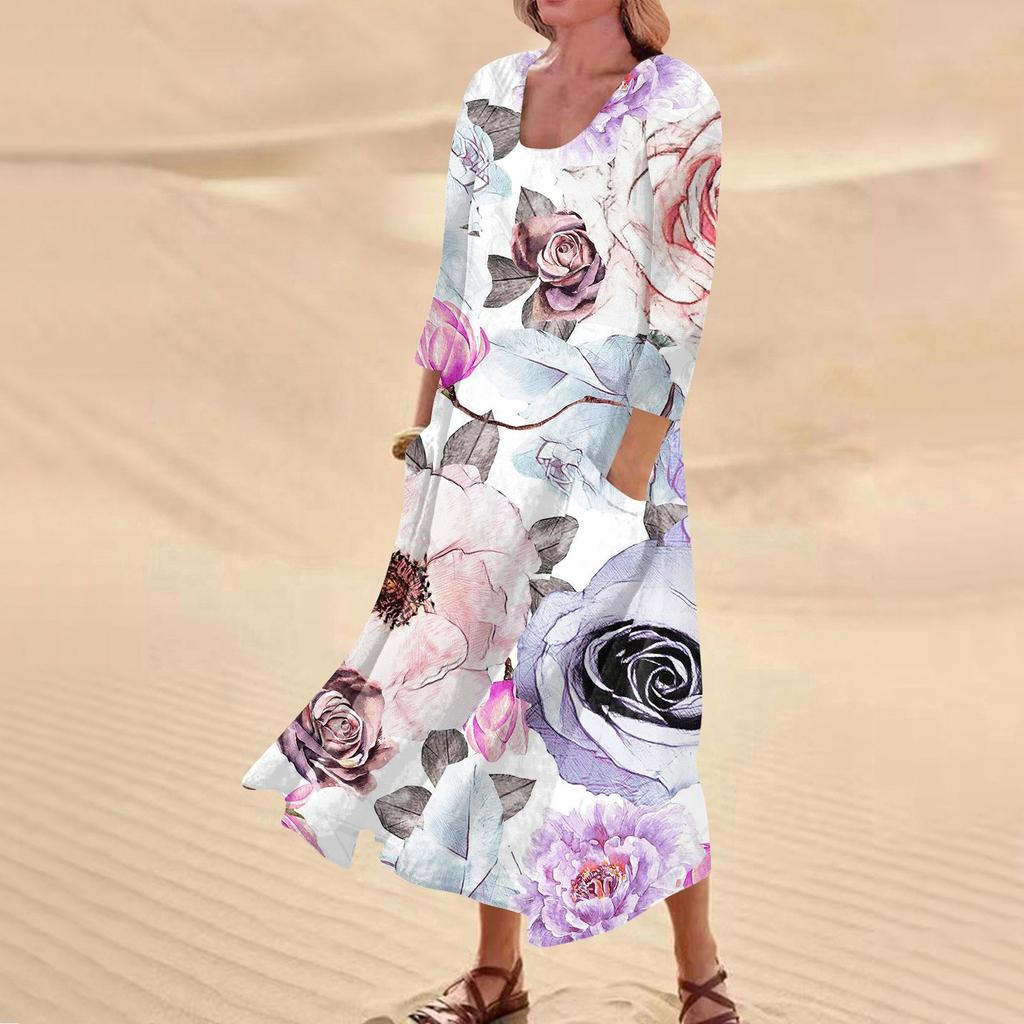 Женское повседневное удобное хлопковое карманное платье с цветочным принтом и рукавами три четверти