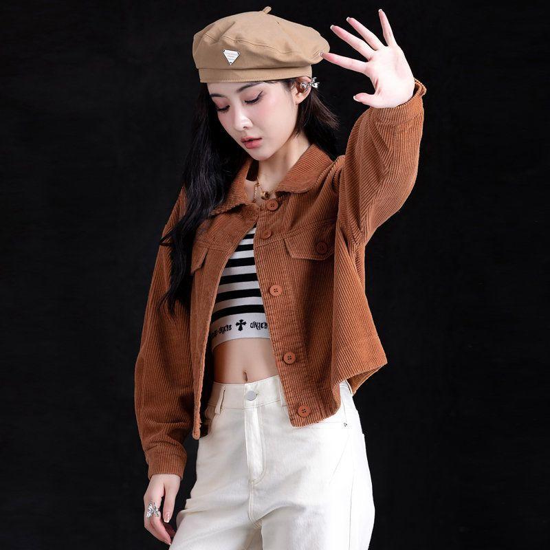 Plus-Size Plaid Jacket At All Seasons Fashion Casual Loose Thin Slim Long-Sleeved Outwear Women's All-Match Corduroy Short Coat