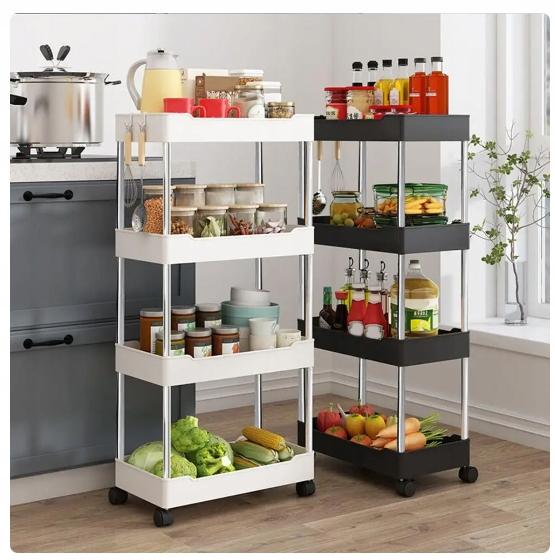 Bathroom Shelf Kitchen Cabinet Mobile Shelf 4-Level Wheels Black