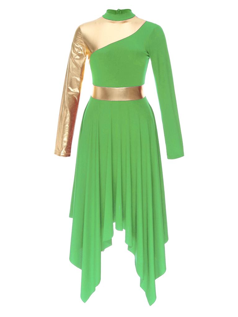 Women Slim Waist Party Gown Praise Liturgical Lyrical Dance Dress High Low Worship Costume Metallic Color Block Dress