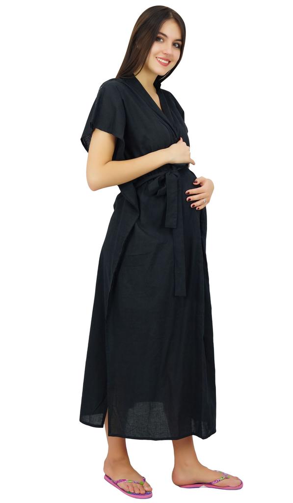 Bimba Nursing Black Cotton Kaftan With Belt Front Buttons Maternity Night