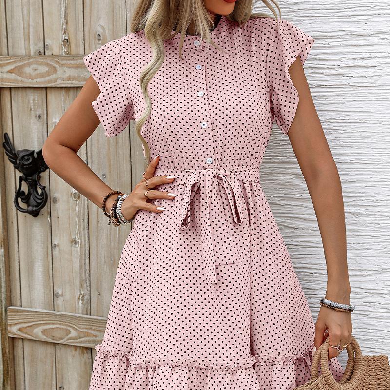 Spring Summer Women O-Neck Dot Print Lace Up Dresses High Waist A-Line Lotus Leaf Short Sleeve Middle Long Dress S-XL