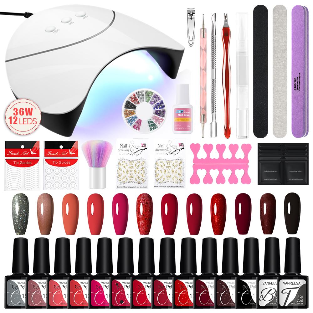 VANREESA Набор гель-лаков для ногтей, 12 цветов, чистый гель-лак и УФ-светодиодная лампа, набор для сушки геля, инструменты для дизайна ногтей, наклейки, лак для дизайна ногтей, маникюрный набор