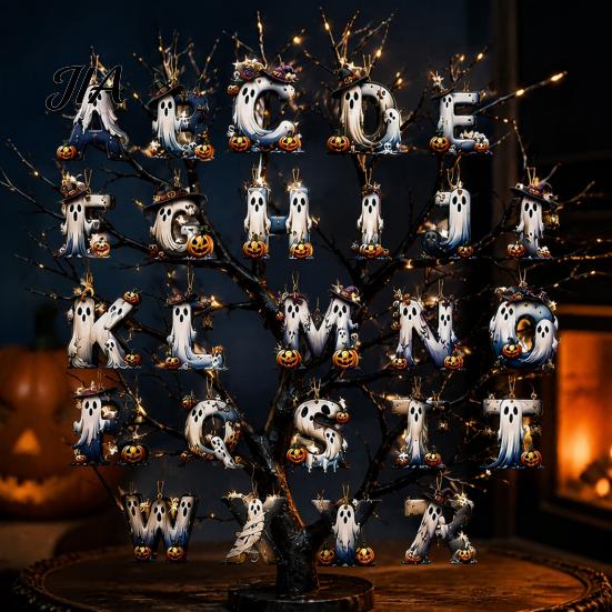 Tree Hanging Gift Tag Accessories Halloween Letter Ornament, Spooky Wooden Alphabet Letters Pendant with Ghost Reusable Seasonal Decor Pumpkin