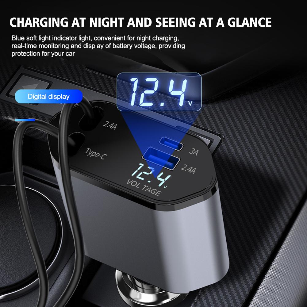 Pd Car Charger 120w Quick Charger With 2 Retractable Cables Type C Fast Car Charger Voltmeter 4 In 1 Power For Huawe P2w2